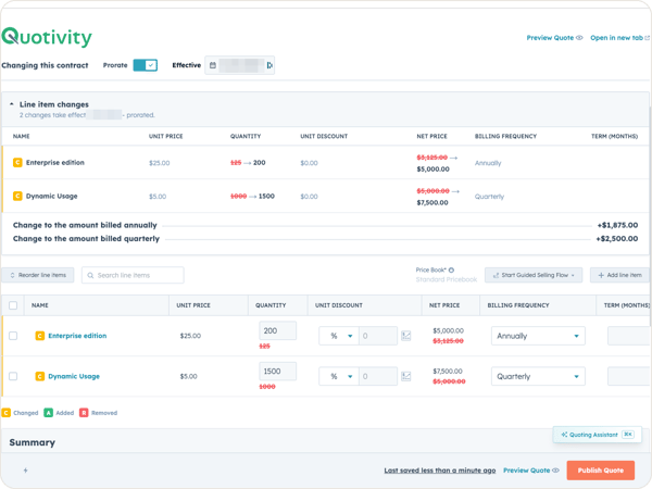 Quotivity’s change quote builder on a HubSpot contract, with two quantity changes shown inline, the old values struck through, and the resulting change to the amounts billed annually and quarterly.
