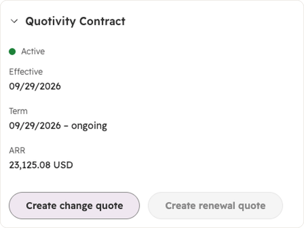 A HubSpot contract record with Quotivity’s card open, showing buttons to create a change quote or a renewal quote.