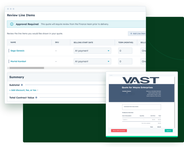 A quote flagged for approval in Quotivity, and the approver’s review with Approve and Return options