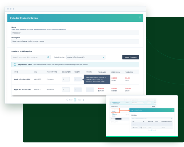 Setting up a bundle option in Quotivity, and the included products a rep sees on the quote
