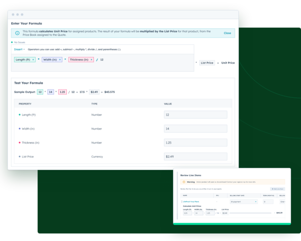 Quotivity’s formula builder resolving a calculated unit price, with the result on a quote line item
