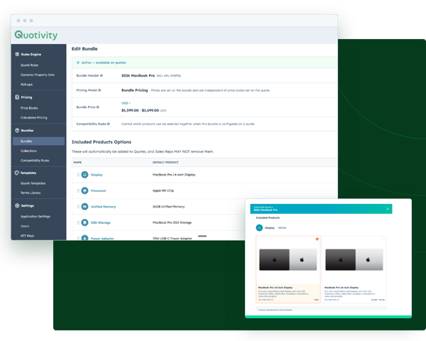 A bundle in Quotivity Studio with compatibility rules, and the configurator showing only valid options