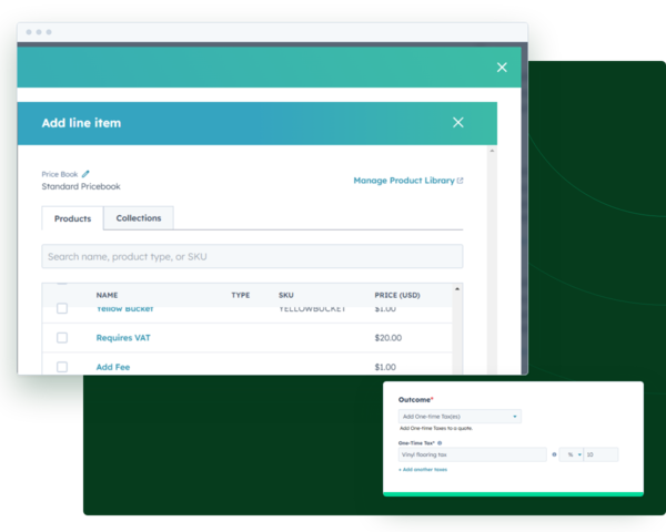 Adding line items from the product library to a HubSpot quote, with taxes applied on their own