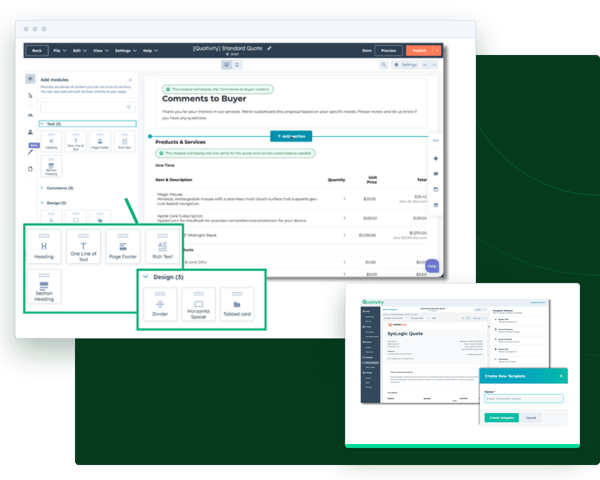Designing a quote template in Quotivity’s visual editor with drag-in modules