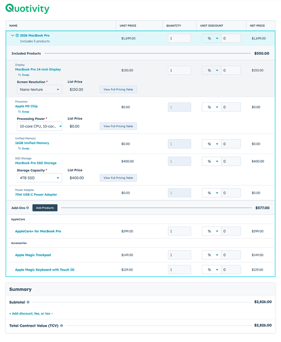 A Quotivity quote in HubSpot showing unit discount and net price on every line