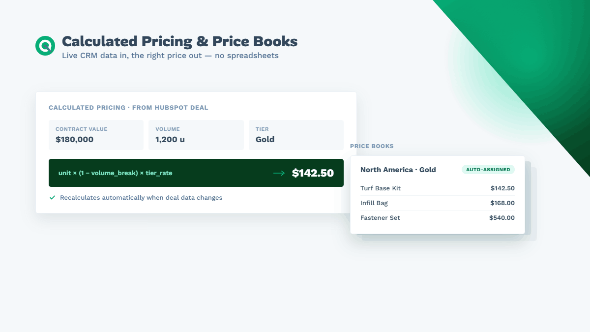 Calculated Pricing and Price Books: a formula reading deal data and an auto-assigned price book