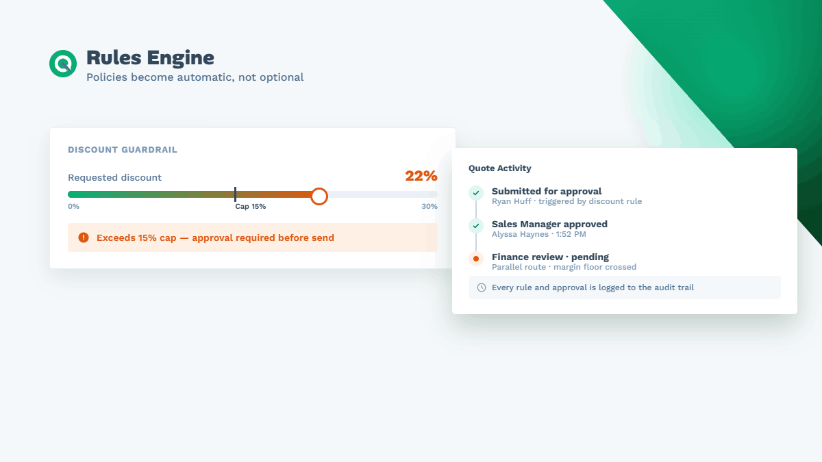 Rules Engine: a discount over the cap routing for approval, with the activity logged