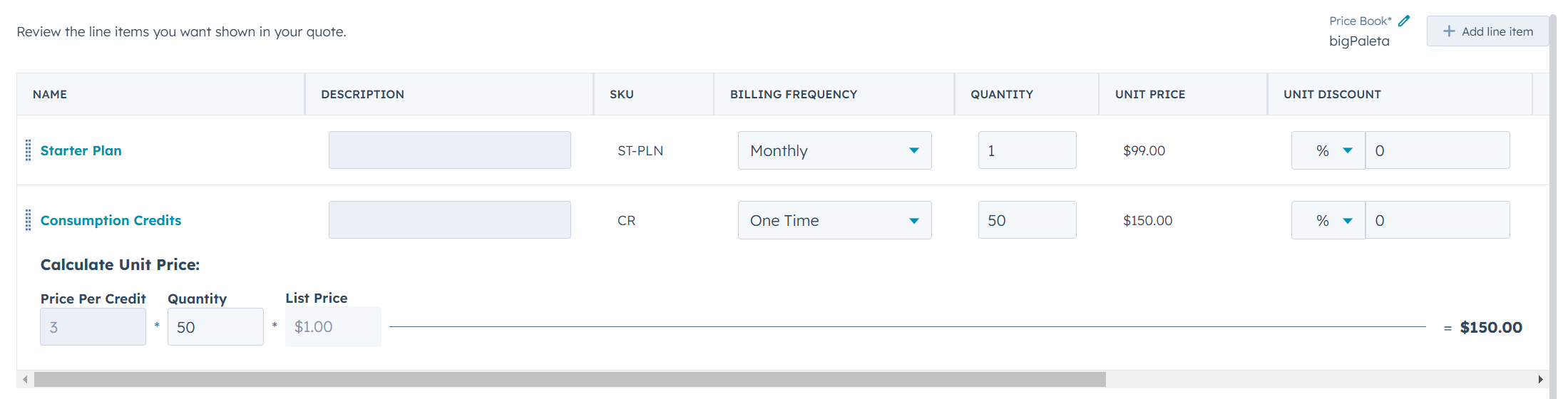 Separate line items for monthly packages vs one-time fees