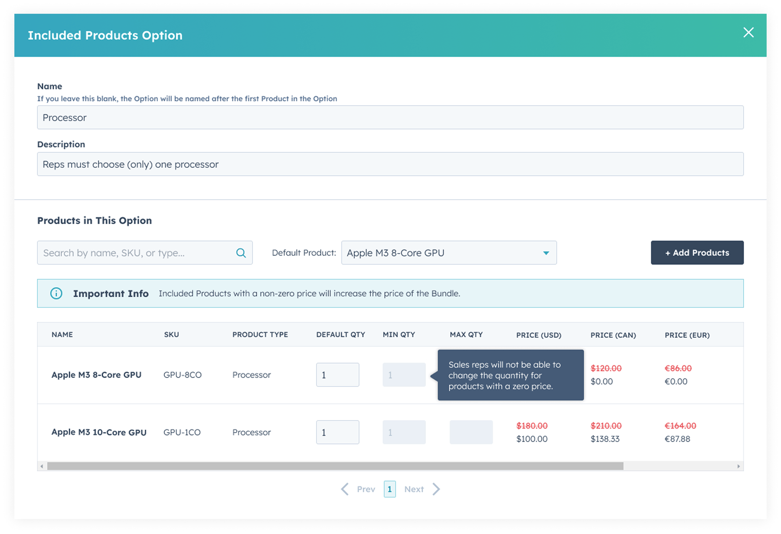 Admin configures an Included Product Option