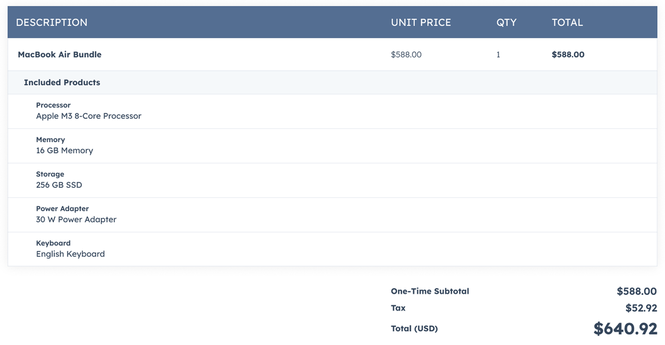 The same quote with bundle line-item prices hidden