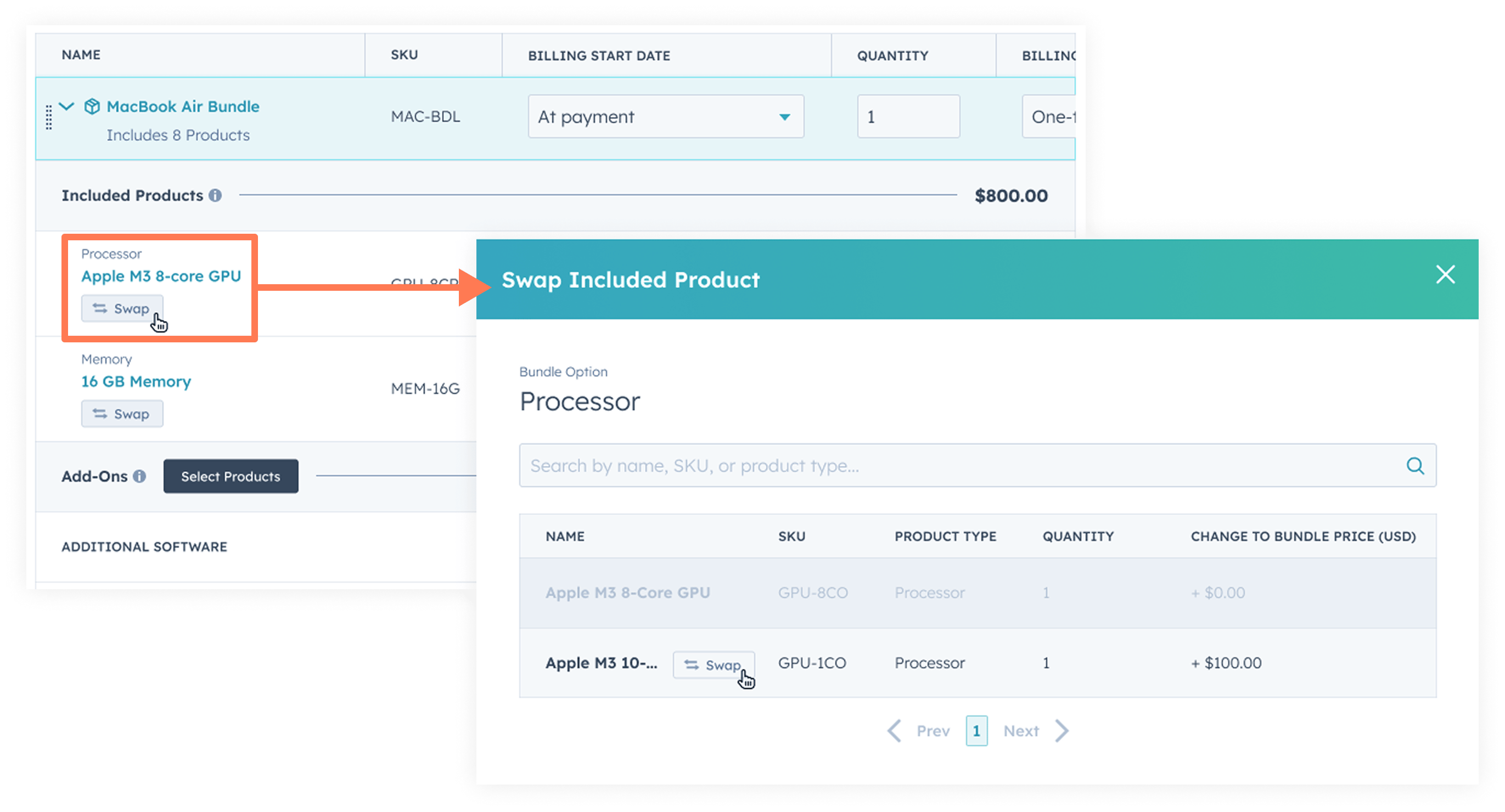 When a Bundle is added to a Quote, Sales Reps can swap Included Products for other Products in the Option