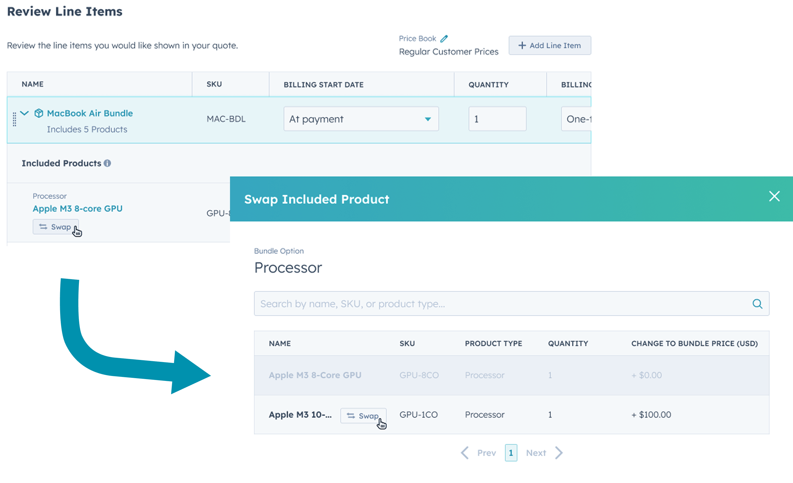 A Sales Rep swapping an included product on a quote
