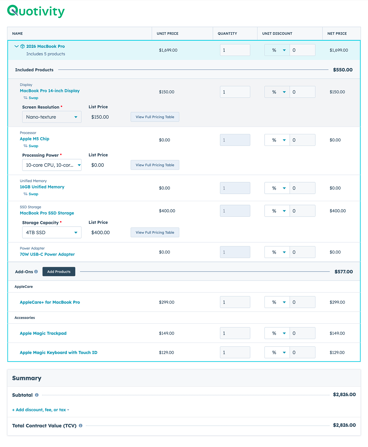 A configured Quotivity quote with included products and total contract value