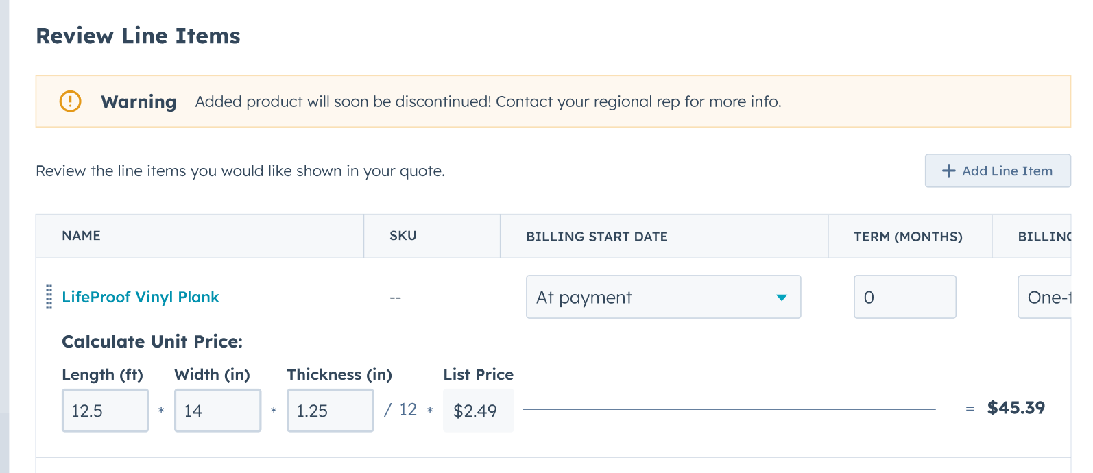 A calculated price resolving on a live HubSpot quote line item