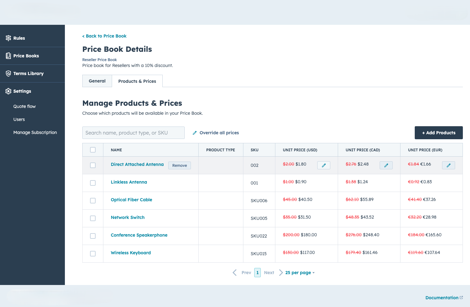 The Quotivity price book editor: a product priced from the book assigned to the quote