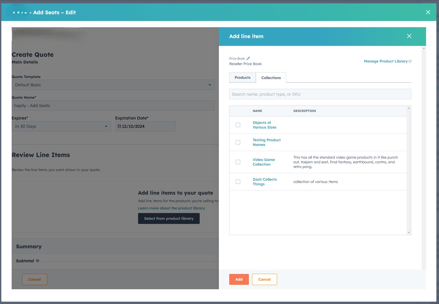 Adding a whole product collection to a quote in one step