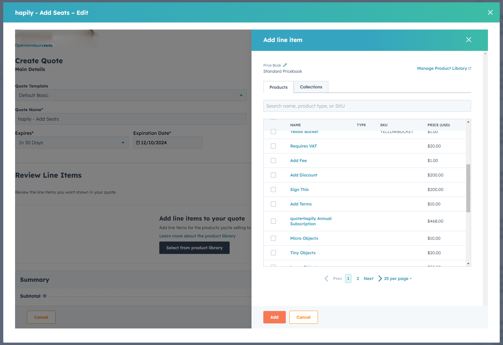Adding line items to a quote from the Quotivity product library