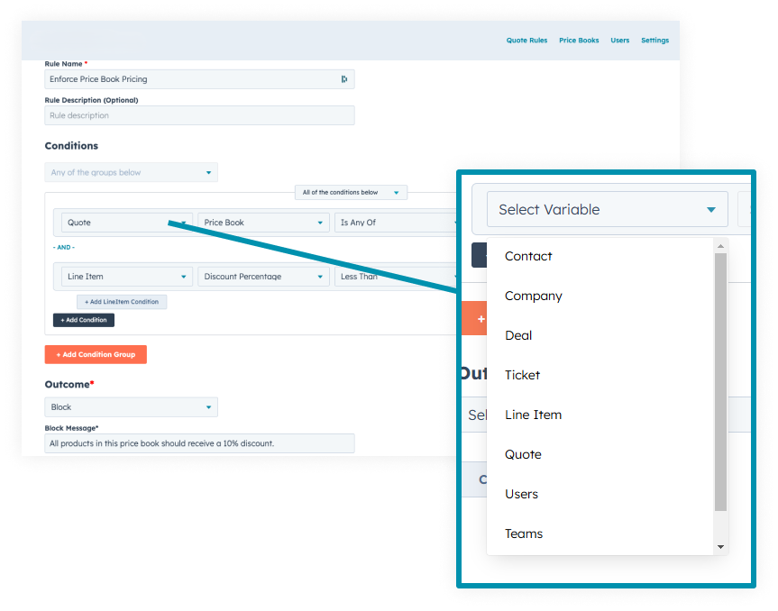 The Quotivity Rule Builder pulling a condition from HubSpot data, custom objects, and special fields