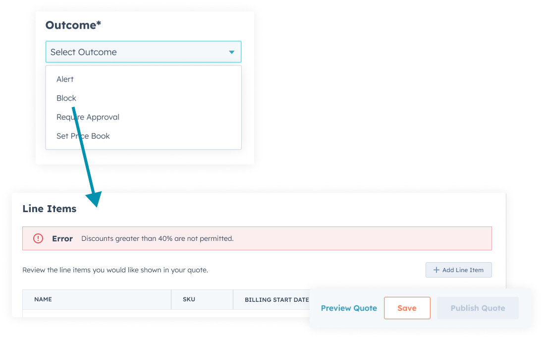 Setting the outcome of a price rule in Quotivity: update a field, require approval, change a discount, or stop the quote