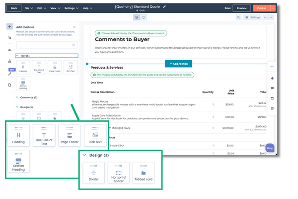 The Quotivity visual template editor with reusable modules