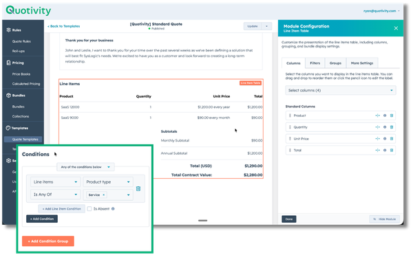 A template previewed against a real quote's line items, pricing and discounts