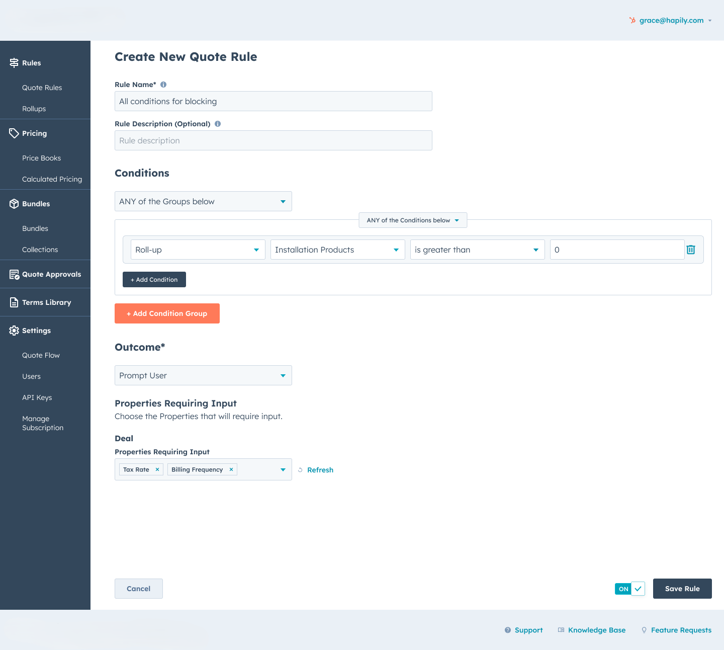 Rule Builder - Require Input - Selected State